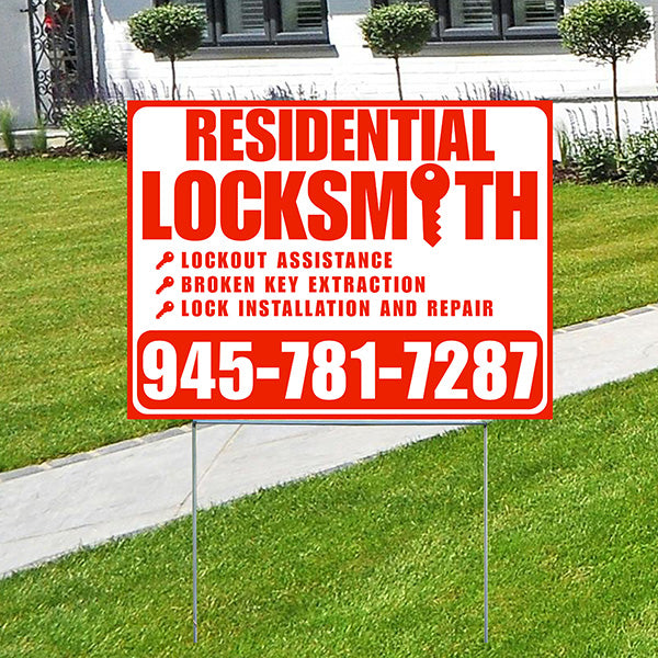 Residential Locksmith Services - Lockout Assistance, Broken Key Extraction, Lock Installation and Repair - Plain Chili Red White Design - YardSigns.com