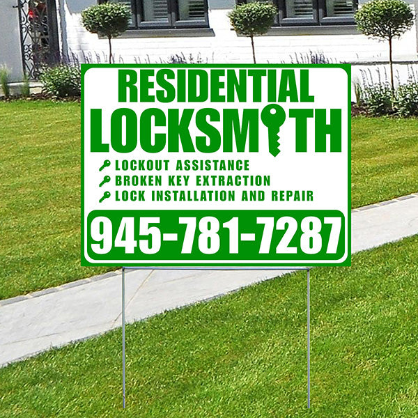 Residential Locksmith Services - Lockout Assistance, Broken Key Extraction, Lock Installation and Repair - Plain Green White Design - YardSigns.com