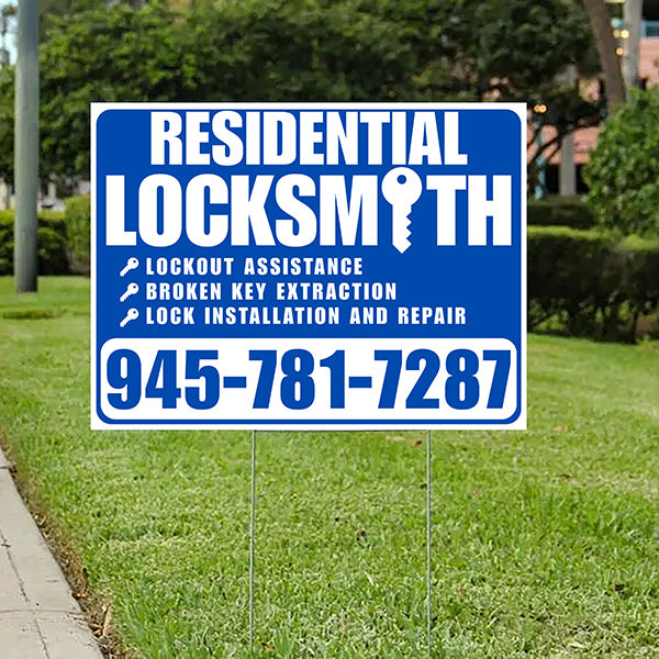 Residential Locksmith Services - Lockout Assistance, Broken Key Extraction, Lock Installation and Repair - Plain White Blue Design - YardSigns.com