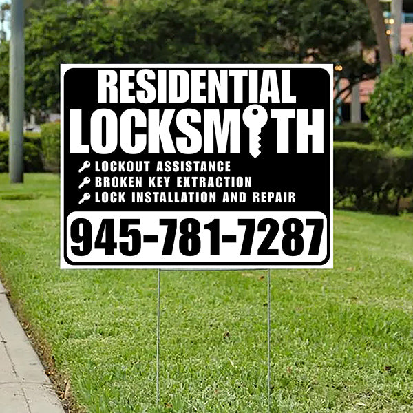 Residential Locksmith Services - Lockout Assistance, Broken Key Extraction, Lock Installation and Repair - Plain White Black Design - YardSigns.com