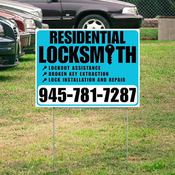 Residential Locksmith Services - Lockout Assistance, Broken Key Extraction, Lock Installation and Repair - Plain White Aqua Blue Design - YardSigns.com
