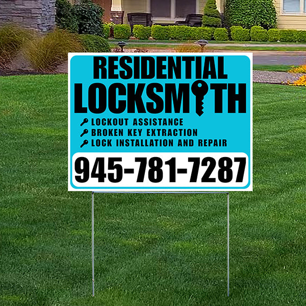 Residential Locksmith Services - Lockout Assistance, Broken Key Extraction, Lock Installation and Repair - Plain White Aqua Blue Design - YardSigns.com