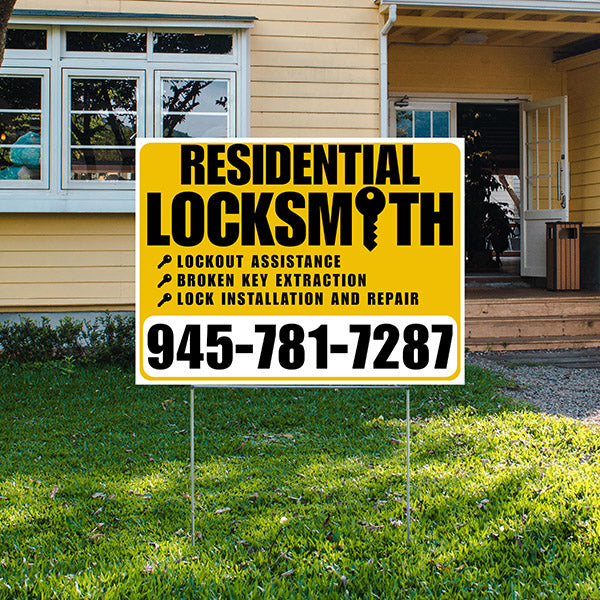 Residential Locksmith Services - Lockout Assistance, Broken Key Extraction, Lock Installation and Repair - Plain White Mustard Gold Design - YardSigns.com