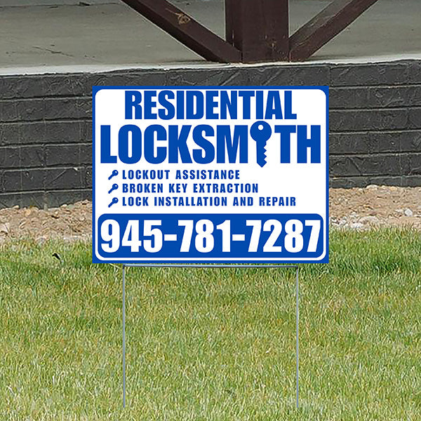 Residential Locksmith Services - Lockout Assistance, Broken Key Extraction, Lock Installation and Repair - Plain Blue White Design - YardSigns.com