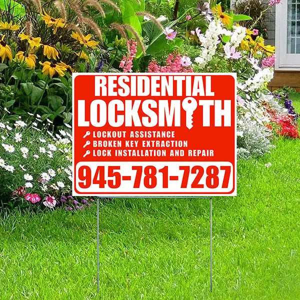 Locksmith Services - Residential Lockouts, Automobile Lockouts, Key Duplication - Plain Chili Red White Design YardSigns.com