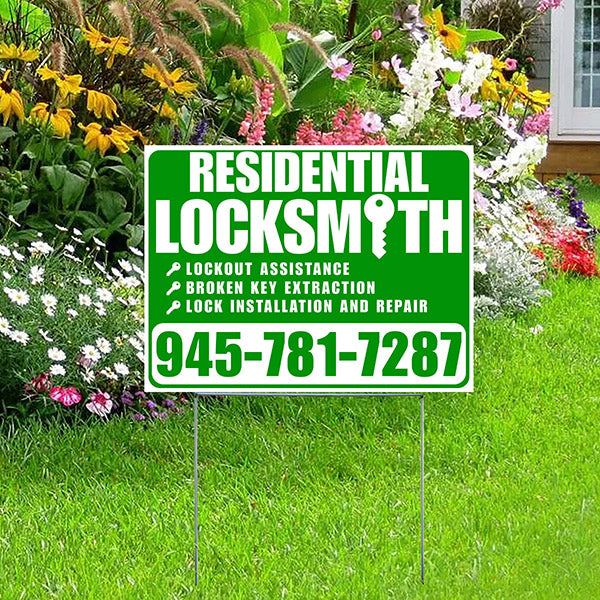 Residential Locksmith Services - Lockout Assistance, Broken Key Extraction, Lock Installation and Repair - Plain White Green Design - YardSigns.com