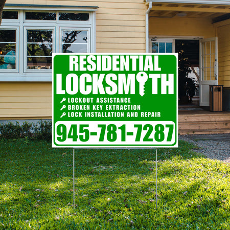 Residential Locksmith Services - Lockout Assistance, Broken Key Extraction, Lock Installation and Repair - Plain White Green Design - YardSigns.com