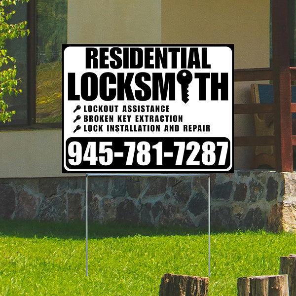 Residential Locksmith Services - Lockout Assistance, Broken Key Extraction, Lock Installation and Repair - Plain Black White Design - YardSigns.com