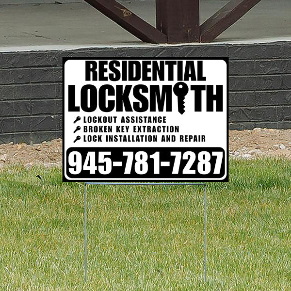 Residential Locksmith Services - Lockout Assistance, Broken Key Extraction, Lock Installation and Repair - Plain Black White Design - YardSigns.com