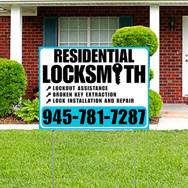 Residential Locksmith Services - Lockout Assistance, Broken Key Extraction, Lock Installation and Repair - Plain Aqua Blue White Design - YardSigns.com