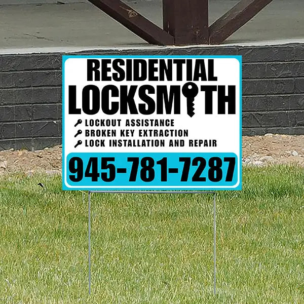 Residential Locksmith Services - Lockout Assistance, Broken Key Extraction, Lock Installation and Repair - Plain Aqua Blue White Design - YardSigns.com