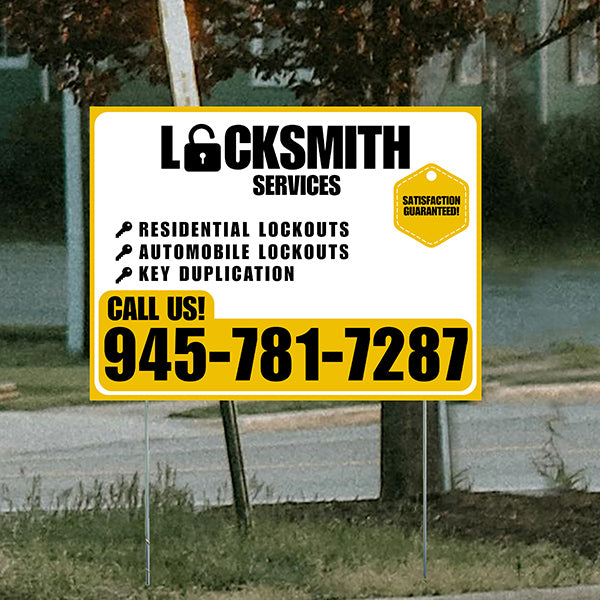 Locksmith Services - Residential Lockouts, Automobile Lockouts, Key Duplication - Plain Mustard Gold White Design - YardSigns.com
