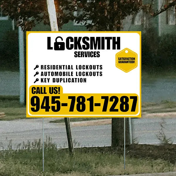 Locksmith Services - Residential Lockouts, Automobile Lockouts, Key Duplication - Plain Mustard Gold White Design YardSigns.com