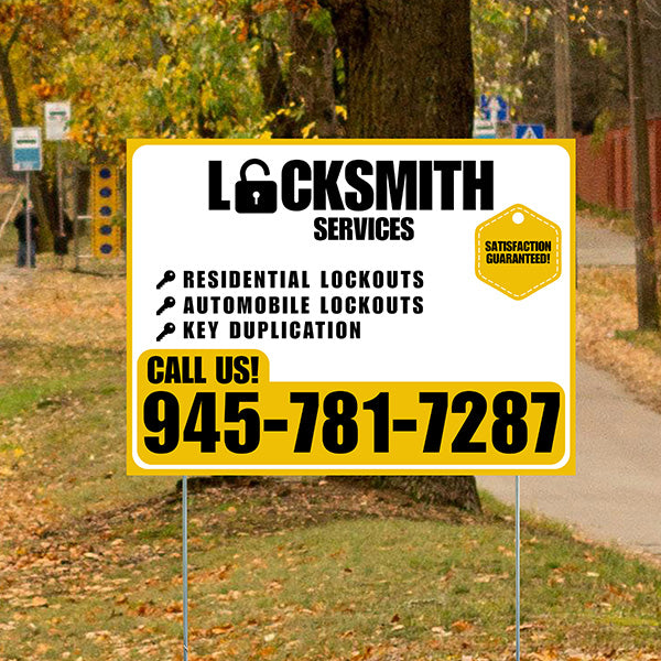 Locksmith Services - Residential Lockouts, Automobile Lockouts, Key Duplication - Plain Mustard Gold White Design - YardSigns.com