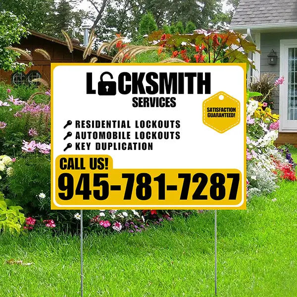 Locksmith Services - Residential Lockouts, Automobile Lockouts, Key Duplication - Plain Mustard Gold White Design YardSigns.com