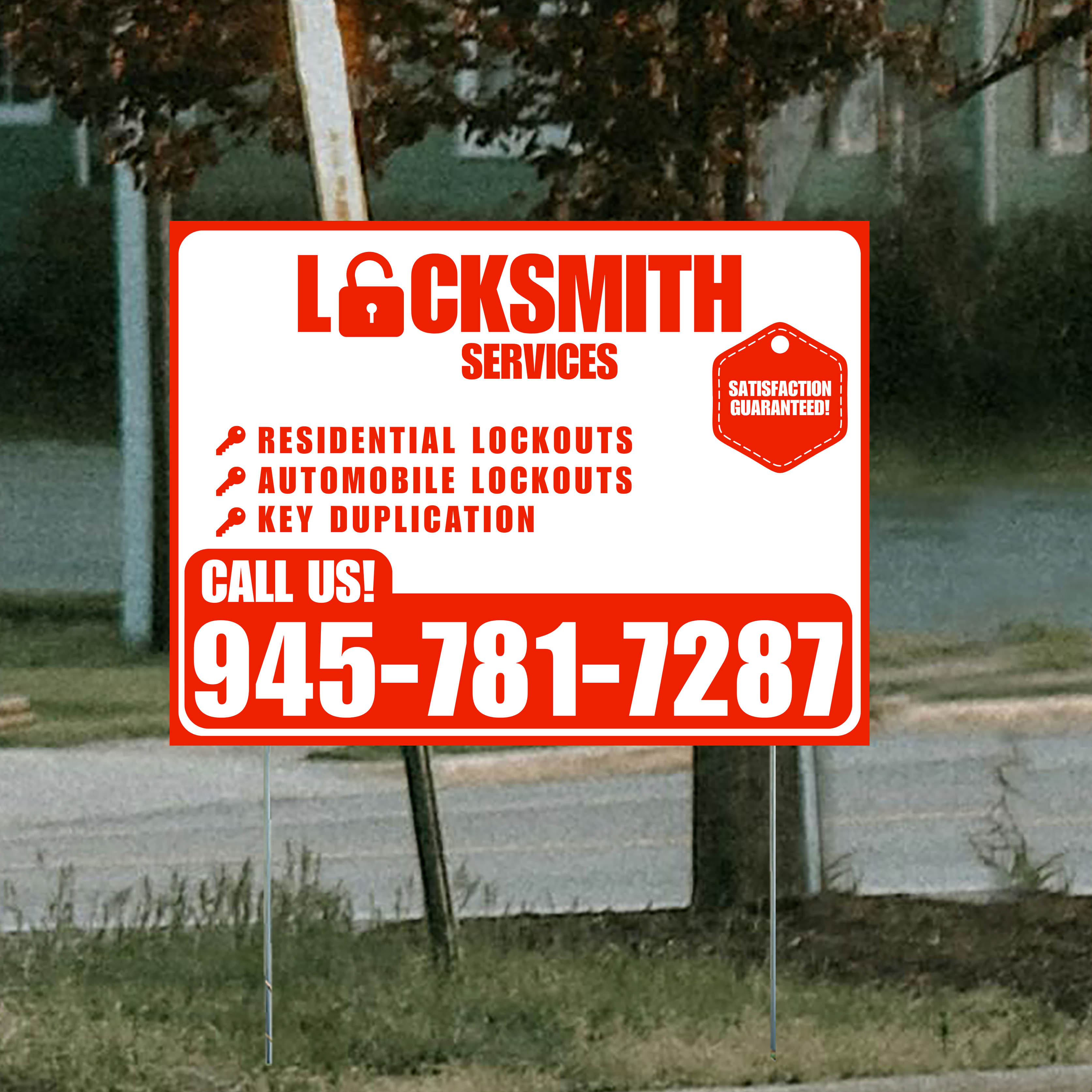 Locksmith Services - Residential Lockouts, Automobile Lockouts, Key Duplication - Plain Chili Red White Design - YardSigns.com