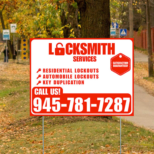 Locksmith Services - Residential Lockouts, Automobile Lockouts, Key Duplication - Plain Chili Red White Design - YardSigns.com