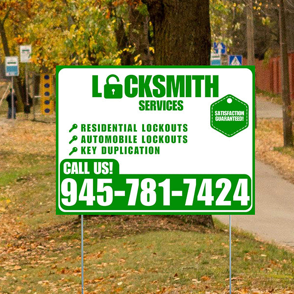 Locksmith Services - Residential Lockouts, Automobile Lockouts, Key Duplication - Plain Green White Design - YardSigns.com