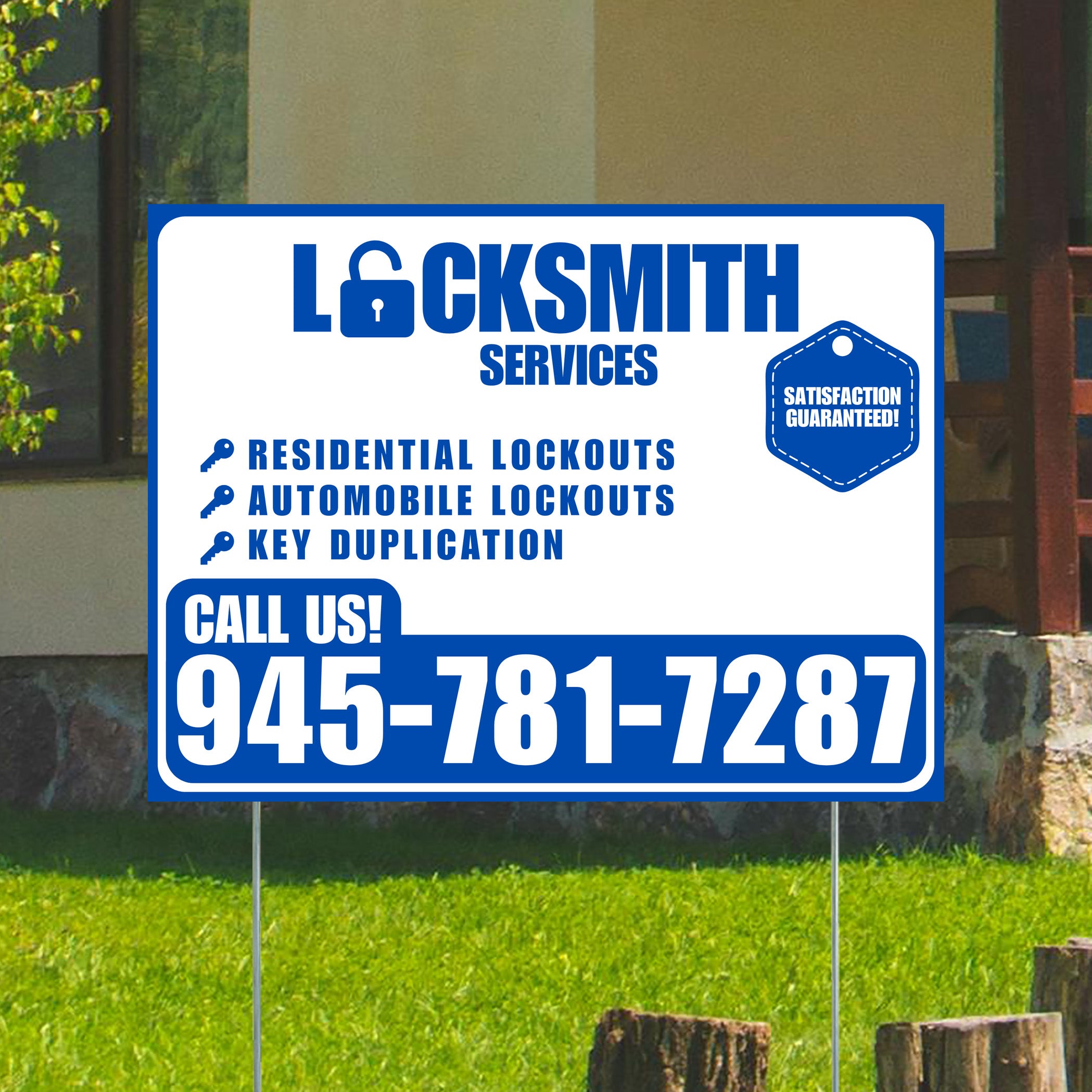Locksmith Services - Residential Lockouts, Automobile Lockouts, Key Duplication - Plain Blue White Design - YardSigns.com