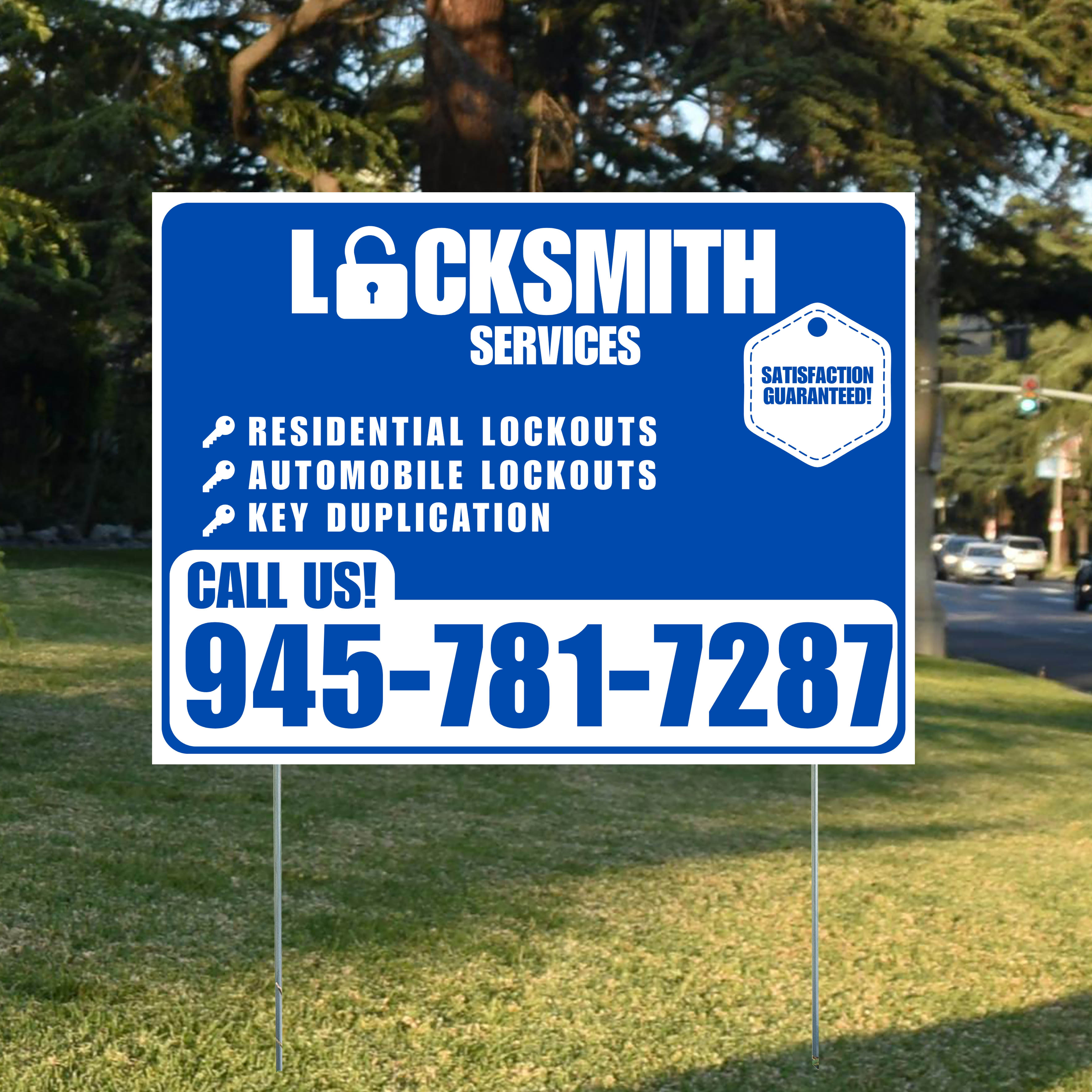 Locksmith Services - Residential Lockouts, Automobile Lockouts, Key Duplication - Plain White Blue Design - YardSigns.com