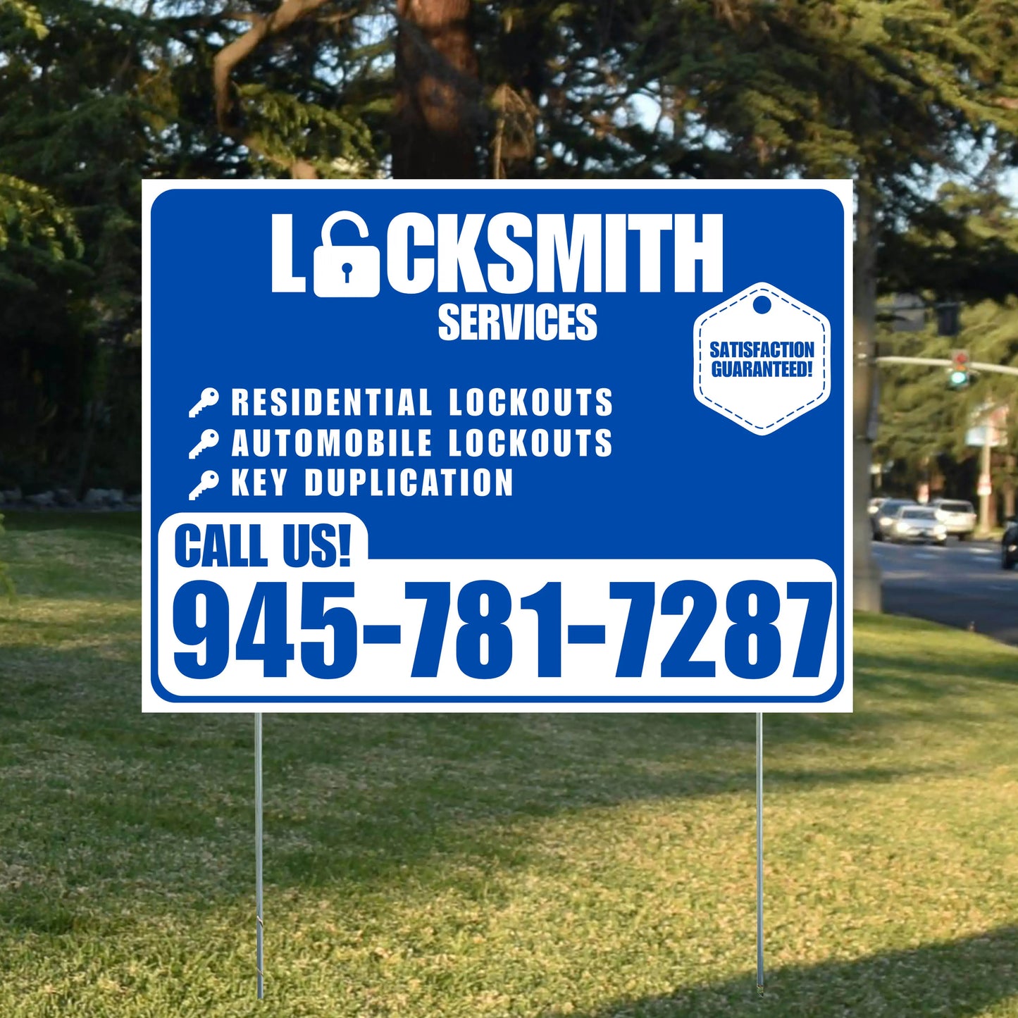 Locksmith Services - Residential Lockouts, Automobile Lockouts, Key Duplication - Plain White Blue Design YardSigns.com