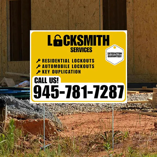 Locksmith Services - Residential Lockouts, Automobile Lockouts, Key Duplication - Plain White Mustard Gold Design YardSigns.com