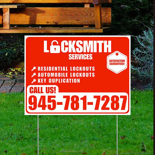 Locksmith Services - Residential Lockouts, Automobile Lockouts, Key Duplication - Plain White Chili Red Design YardSigns.com