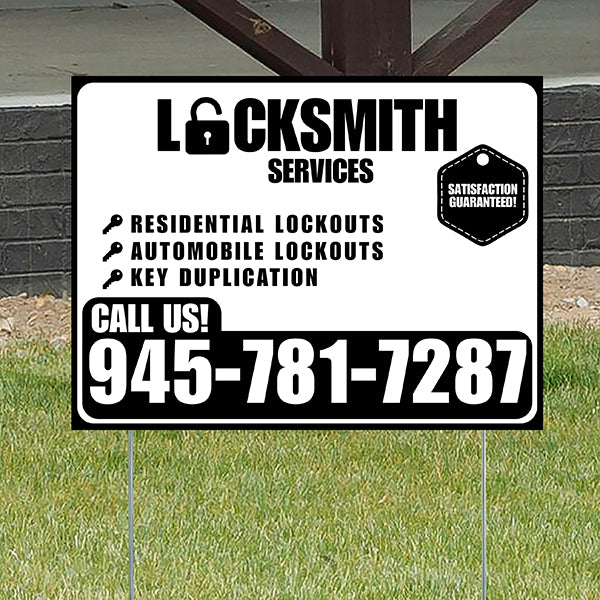 Locksmith Services - Residential Lockouts, Automobile Lockouts, Key Duplication - Plain Black White Design - YardSigns.com