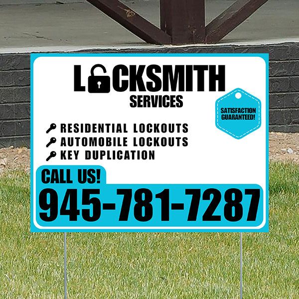 Locksmith Services - Residential Lockouts, Automobile Lockouts, Key Duplication - Plain Aqua Blue White Design - YardSigns.com