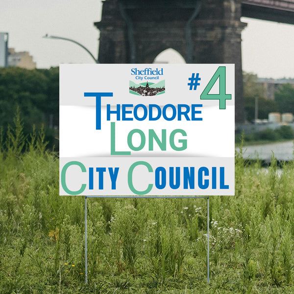 Campaign sign for Theodore Long running for Sheffield City Council, number 4, placed in a grassy area.