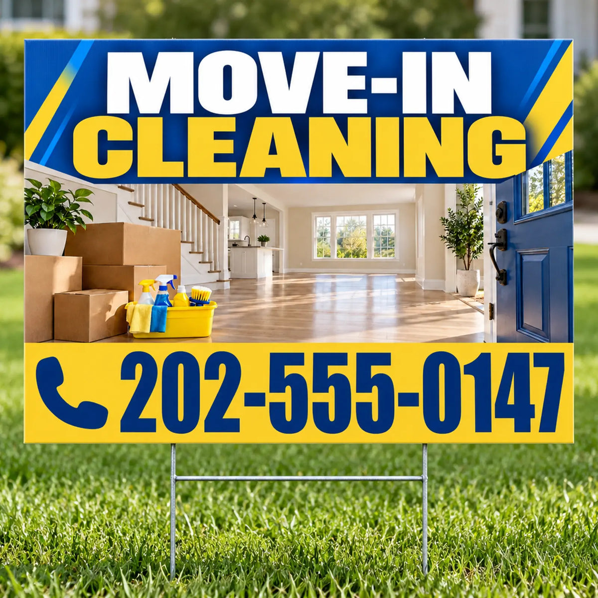Cleaners/Maids Signs - Move-In Cleaning Yard Sign - Royal Blue & Yellow - 24 x 18 YardSigns.com