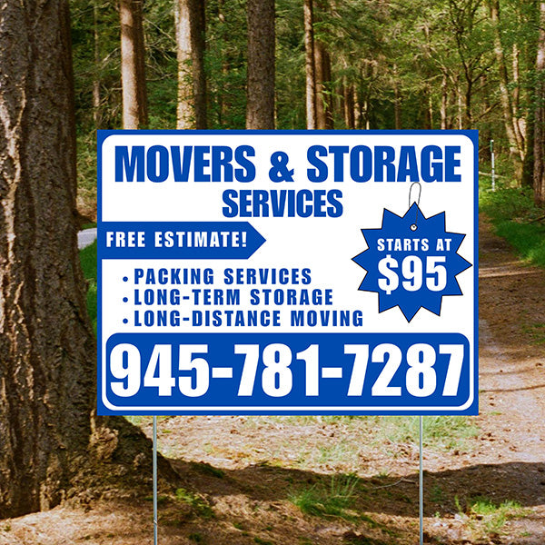 Moving & Storage Services - Long-Distance Moving, Packing Services, Long-Term Storage with Price Tag - Plain Blue White Design - YardSigns.com