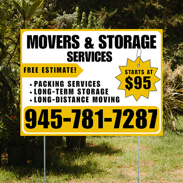 Moving & Storage Services - Long-Distance Moving, Packing Services, Long-Term Storage with Price Tag - Plain Mustard Gold White Design - YardSigns.com