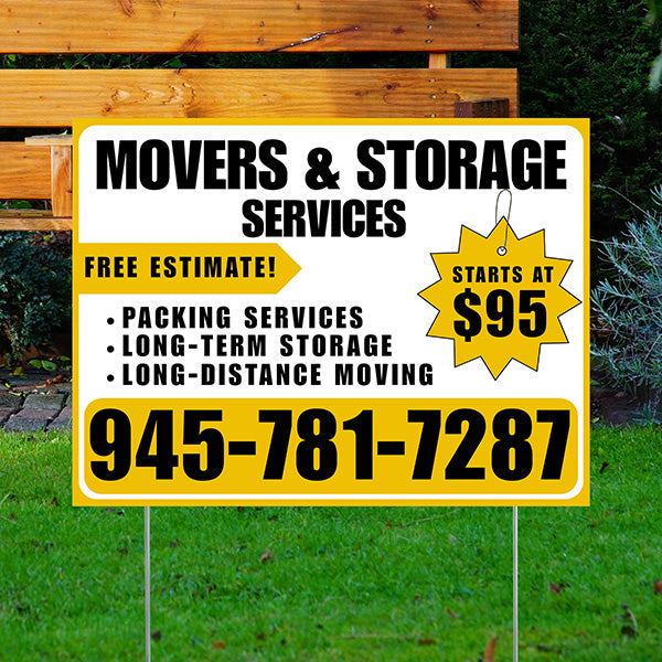 Moving & Storage Services - Long-Distance Moving, Packing Services, Long-Term Storage with Price Tag - Plain Mustard Gold White Design - YardSigns.com