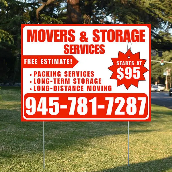 Moving & Storage Services - Long-Distance Moving, Packing Services, Long-Term Storage with Price Tag - Plain Chili Red White Design YardSigns.com