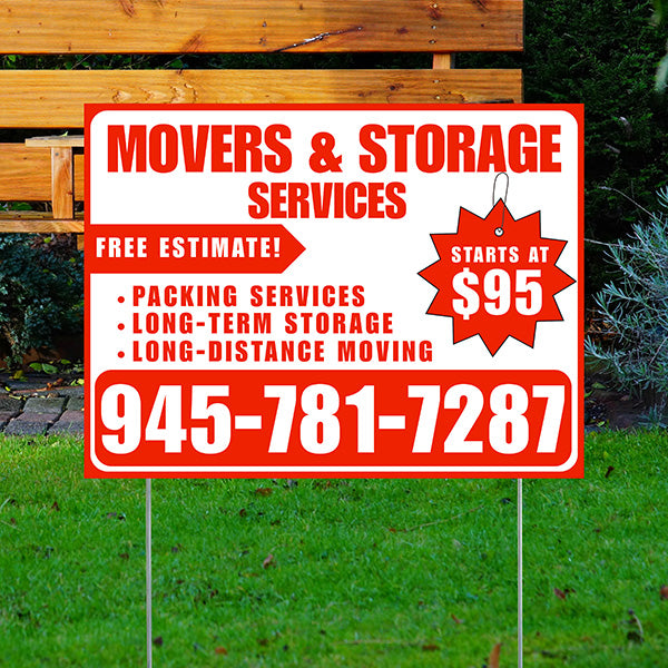 Moving & Storage Services - Long-Distance Moving, Packing Services, Long-Term Storage with Price Tag - Plain Chili Red White Design - YardSigns.com