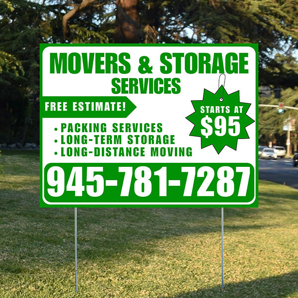 Moving & Storage Services - Long-Distance Moving, Packing Services, Long-Term Storage with Price Tag - Plain Green White Design - YardSigns.com