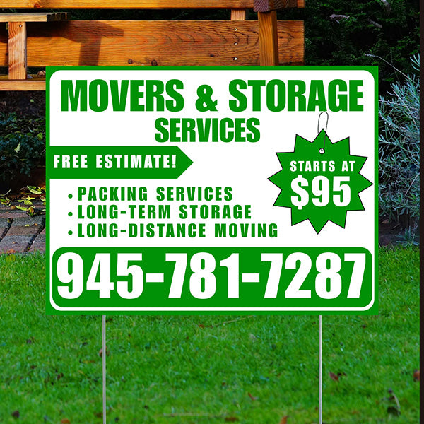 Moving & Storage Services - Long-Distance Moving, Packing Services, Long-Term Storage with Price Tag - Plain Green White Design - YardSigns.com