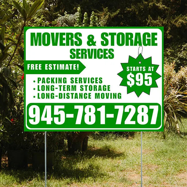 Moving & Storage Services - Long-Distance Moving, Packing Services, Long-Term Storage with Price Tag - Plain Green White Design YardSigns.com