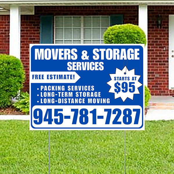 Moving & Storage Services - Long-Distance Moving, Packing Services, Long-Term Storage with Price Tag - Plain White Blue Design - YardSigns.com