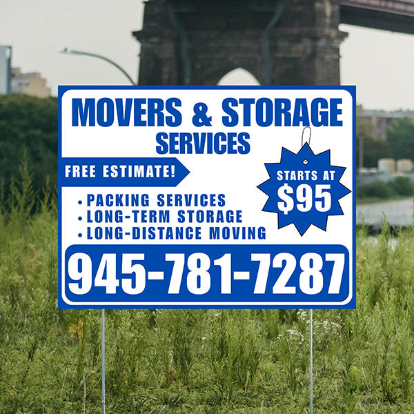 Moving & Storage Services - Long-Distance Moving, Packing Services, Long-Term Storage with Price Tag - Plain Blue White Design - YardSigns.com