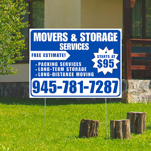 Moving & Storage Services - Long-Distance Moving, Packing Services, Long-Term Storage with Price Tag - Plain White Blue Design - YardSigns.com