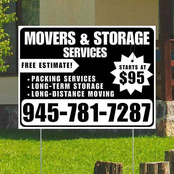Moving & Storage Services - Long-Distance Moving, Packing Services, Long-Term Storage with Price Tag - Plain White Black Design YardSigns.com