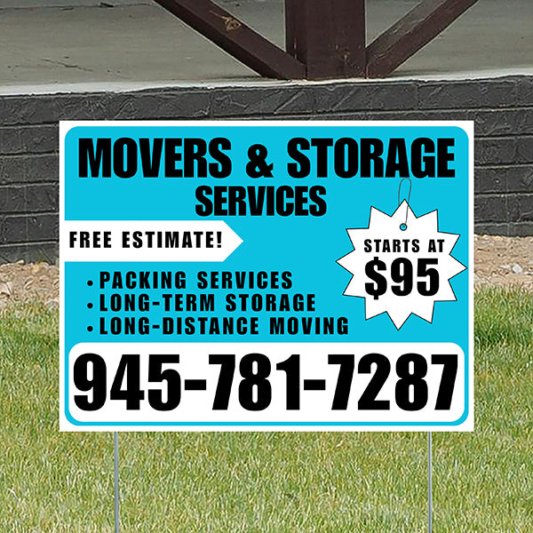 Moving & Storage Services - Long-Distance Moving, Packing Services, Long-Term Storage with Price Tag - Plain White Aqua Blue Design - YardSigns.com