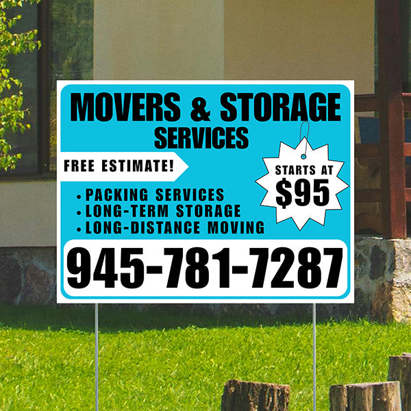 Moving & Storage Services - Long-Distance Moving, Packing Services, Long-Term Storage with Price Tag - Plain White Aqua Blue Design - YardSigns.com