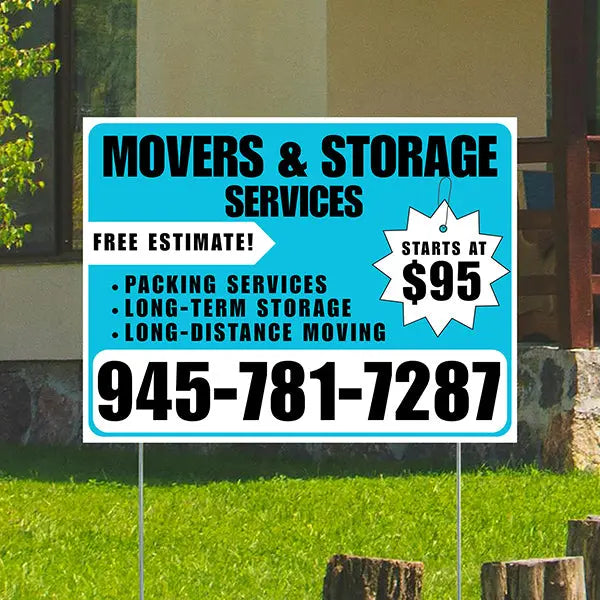 Moving & Storage Services - Long-Distance Moving, Packing Services, Long-Term Storage with Price Tag - Plain White Aqua Blue Design YardSigns.com