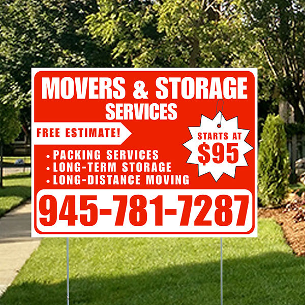 Moving & Storage Services - Long-Distance Moving, Packing Services, Long-Term Storage with Price Tag - Plain White Chili Red Design - YardSigns.com