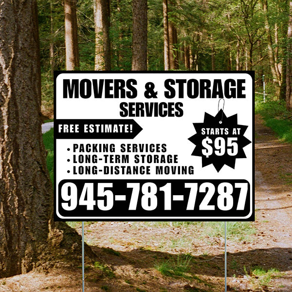 Moving & Storage Services - Long-Distance Moving, Packing Services, Long-Term Storage with Price Tag - Plain Black White Design - YardSigns.com