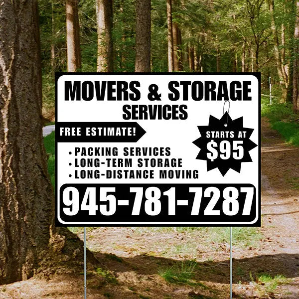 Moving & Storage Services - Long-Distance Moving, Packing Services, Long-Term Storage with Price Tag - Plain Black White Design YardSigns.com