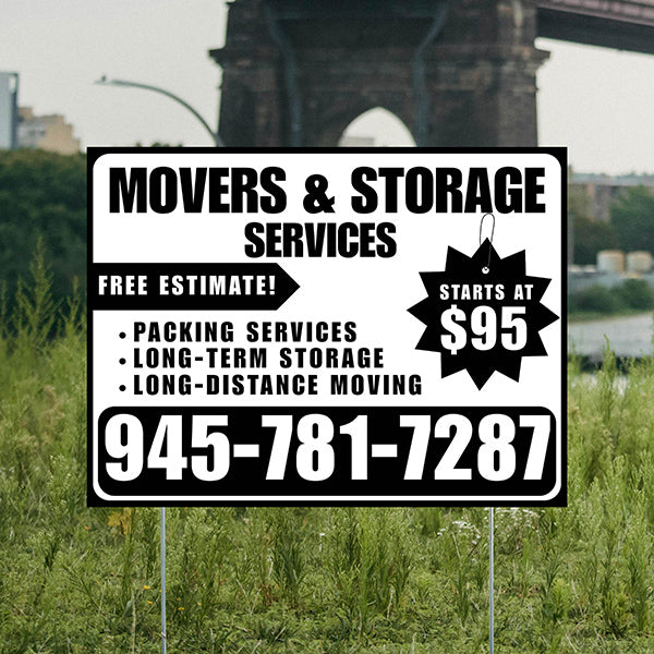 Moving & Storage Services - Long-Distance Moving, Packing Services, Long-Term Storage with Price Tag - Plain Black White Design - YardSigns.com